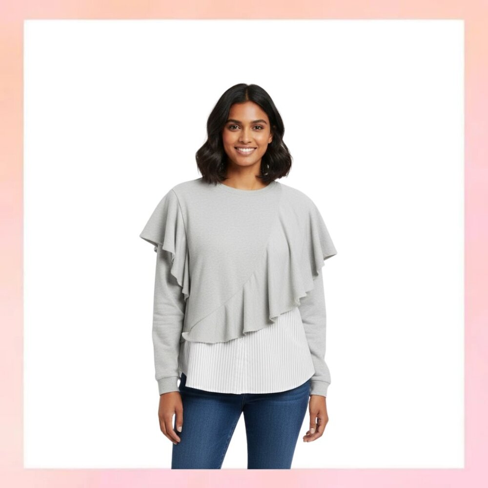 Chic Gray Ruffle Sweatshirt with Striped Hem - Picture 1 of 7